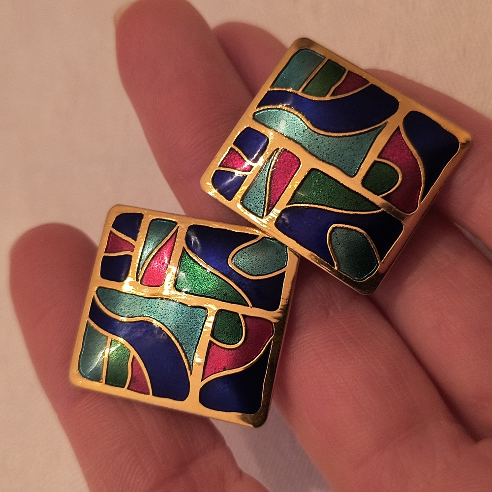 Vintage Cloisonne Signed Abstract Square Clip-on Earrings - Picture 4 of 10